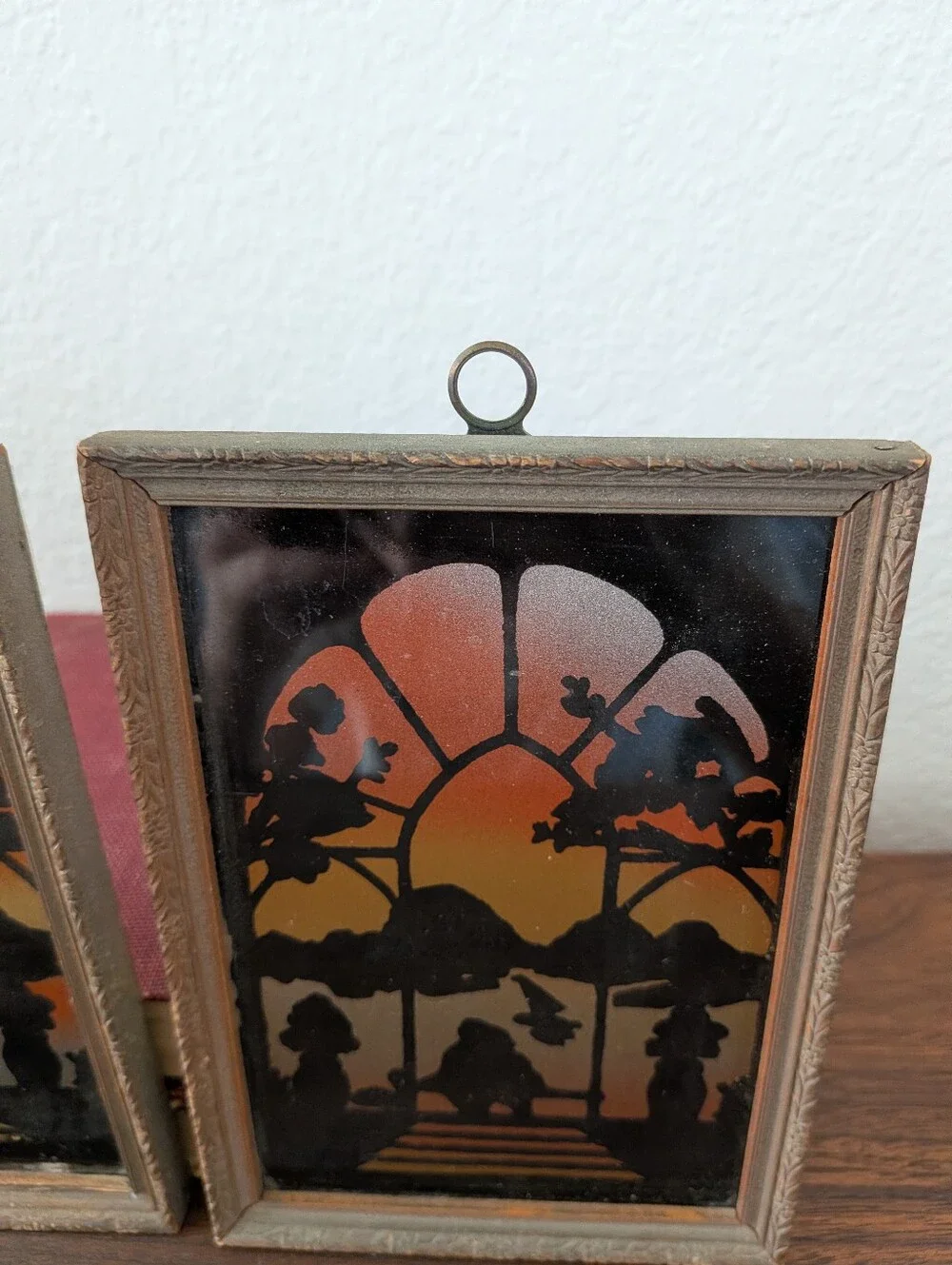 Vintage Set Reverse PaintedSilhouette Window Sunset Couple Lake